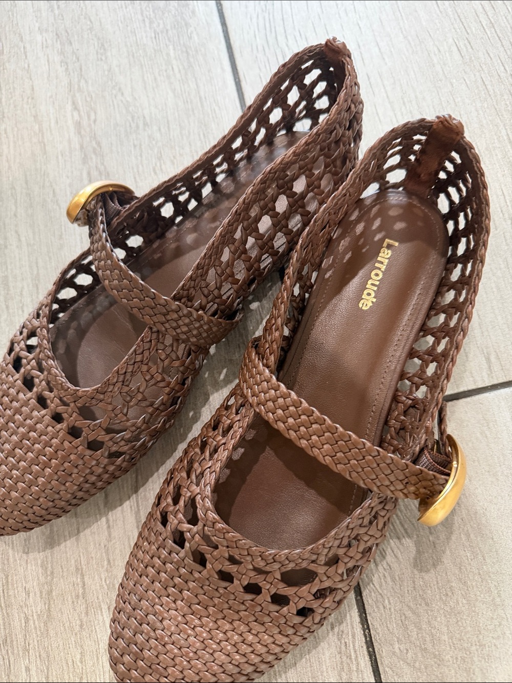 Larroude Woven Mary Jane Flats in Brown with Gold Buckle - Picture 6 of 6
